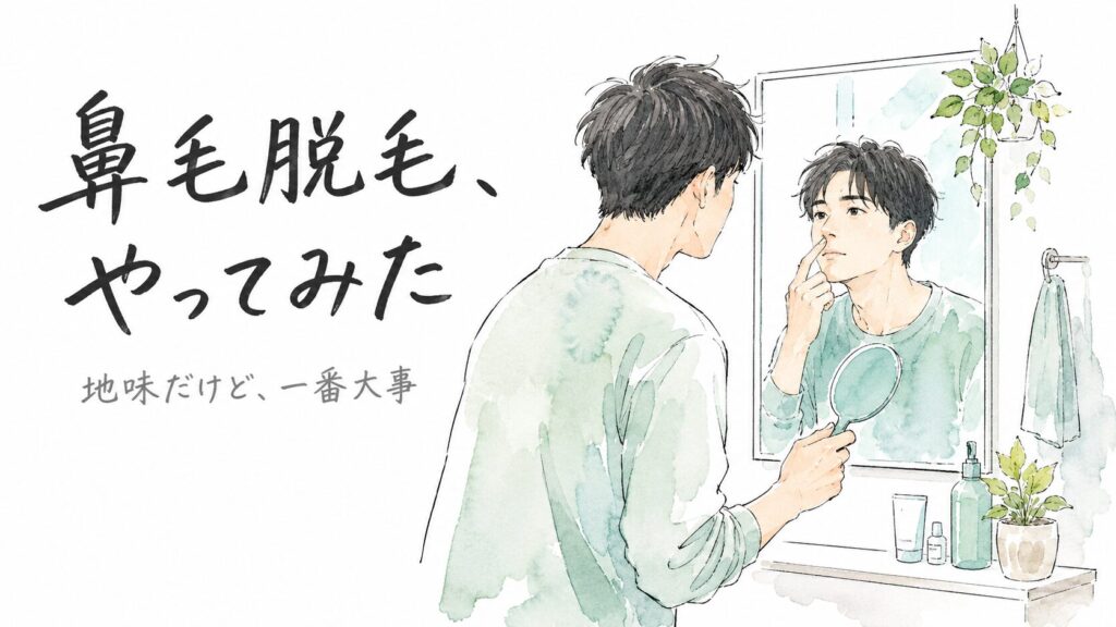 鏡の前で鼻元を確認する男性の水彩イラスト。鼻毛脱毛をテーマにしたアイキャッチ