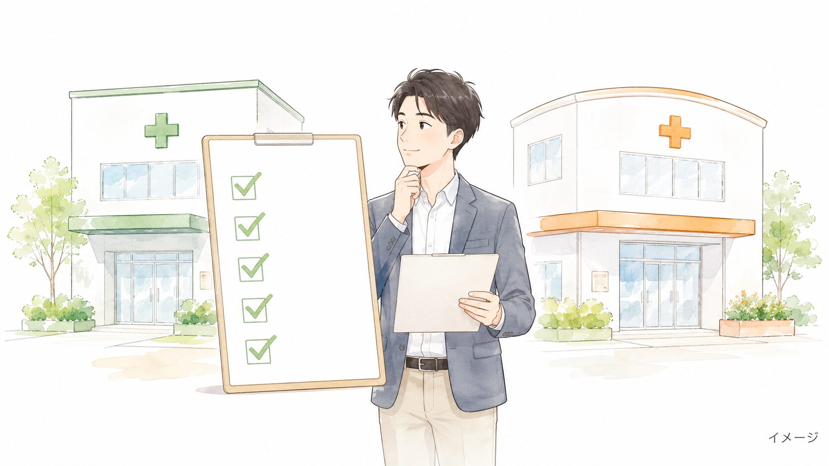 チェックリストを手に2つのクリニックを見比べる30代男性のイラスト(イメージ)