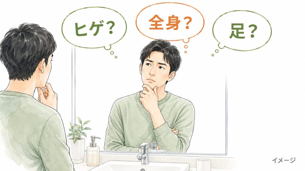 鏡の前でヒゲ・全身・足のどこから脱毛を始めるか悩む30代男性のイラスト(イメージ)