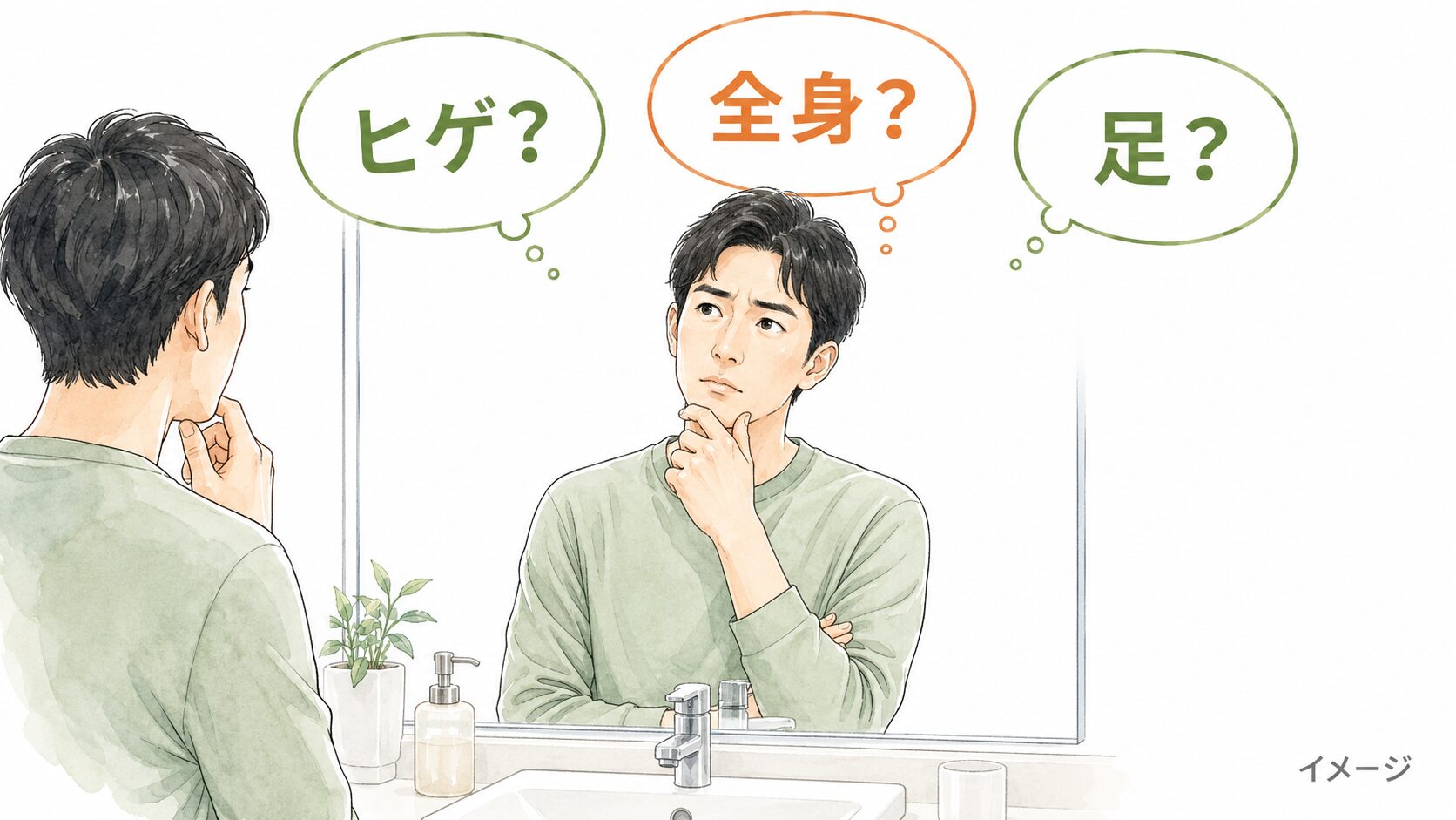 鏡の前でヒゲ・全身・足のどこから脱毛を始めるか悩む30代男性のイラスト(イメージ)