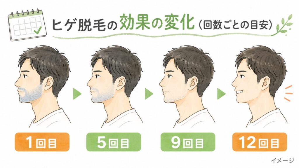 ヒゲ脱毛の効果の変化の目安。1回目から12回目にかけて青ヒゲが薄くなるイラスト(イメージ)