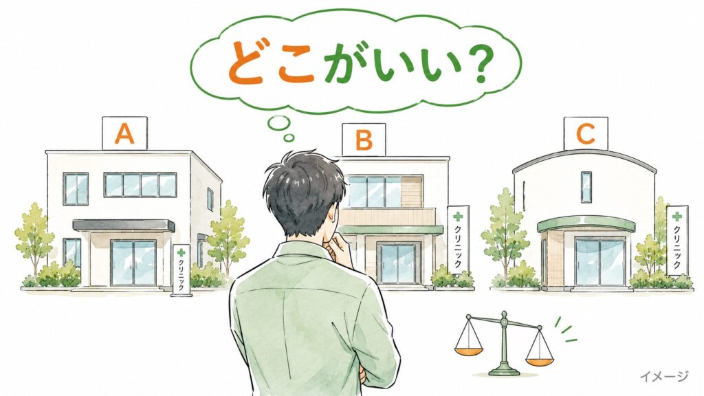 3つのクリニックA・B・Cを見比べてどこがいいか悩む男性のイラスト(イメージ)