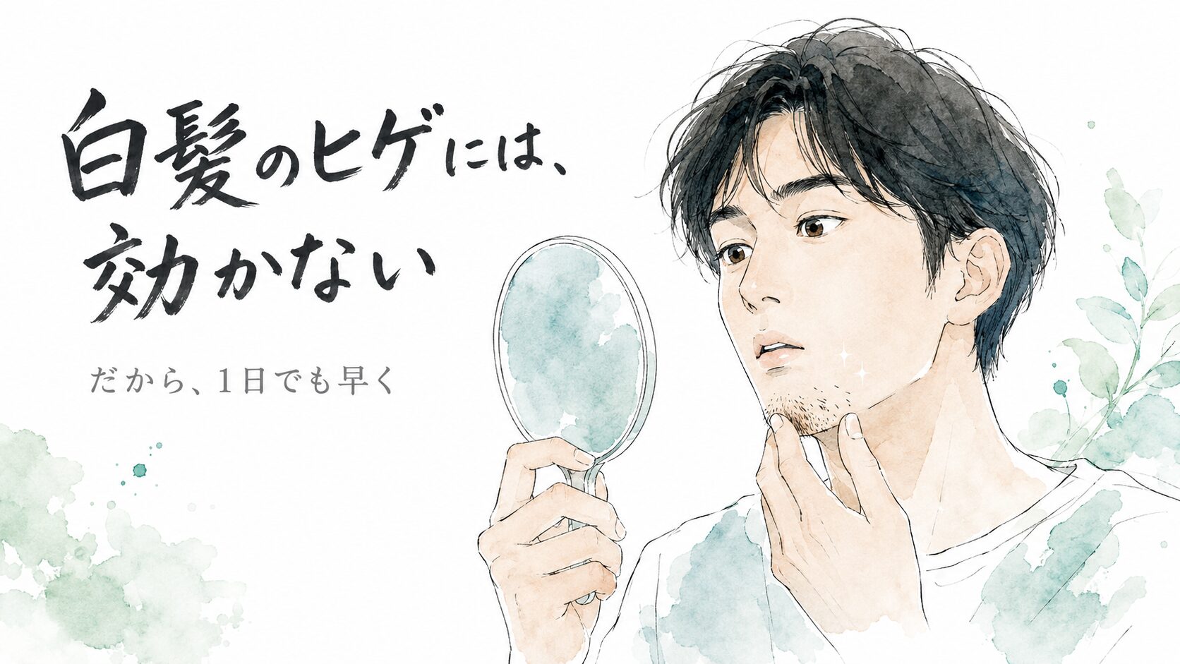 手鏡であごの白髪ヒゲを確認する男性の水彩イラスト。白髪のヒゲにレーザーは効かないがテーマのアイキャッチ