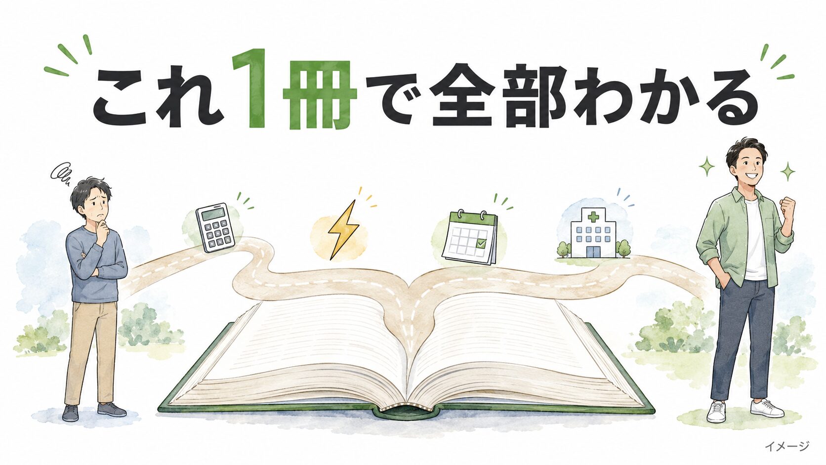 開いた本から道が伸び、悩む男性から笑顔の男性へつながる完全ガイドのイラスト(イメージ)