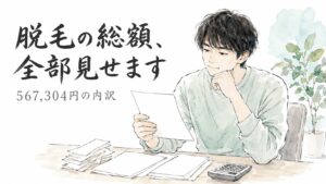 机で契約書と電卓を前に総額を確認する男性の水彩イラスト。脱毛総額567,304円の内訳公開記事のアイキャッチ