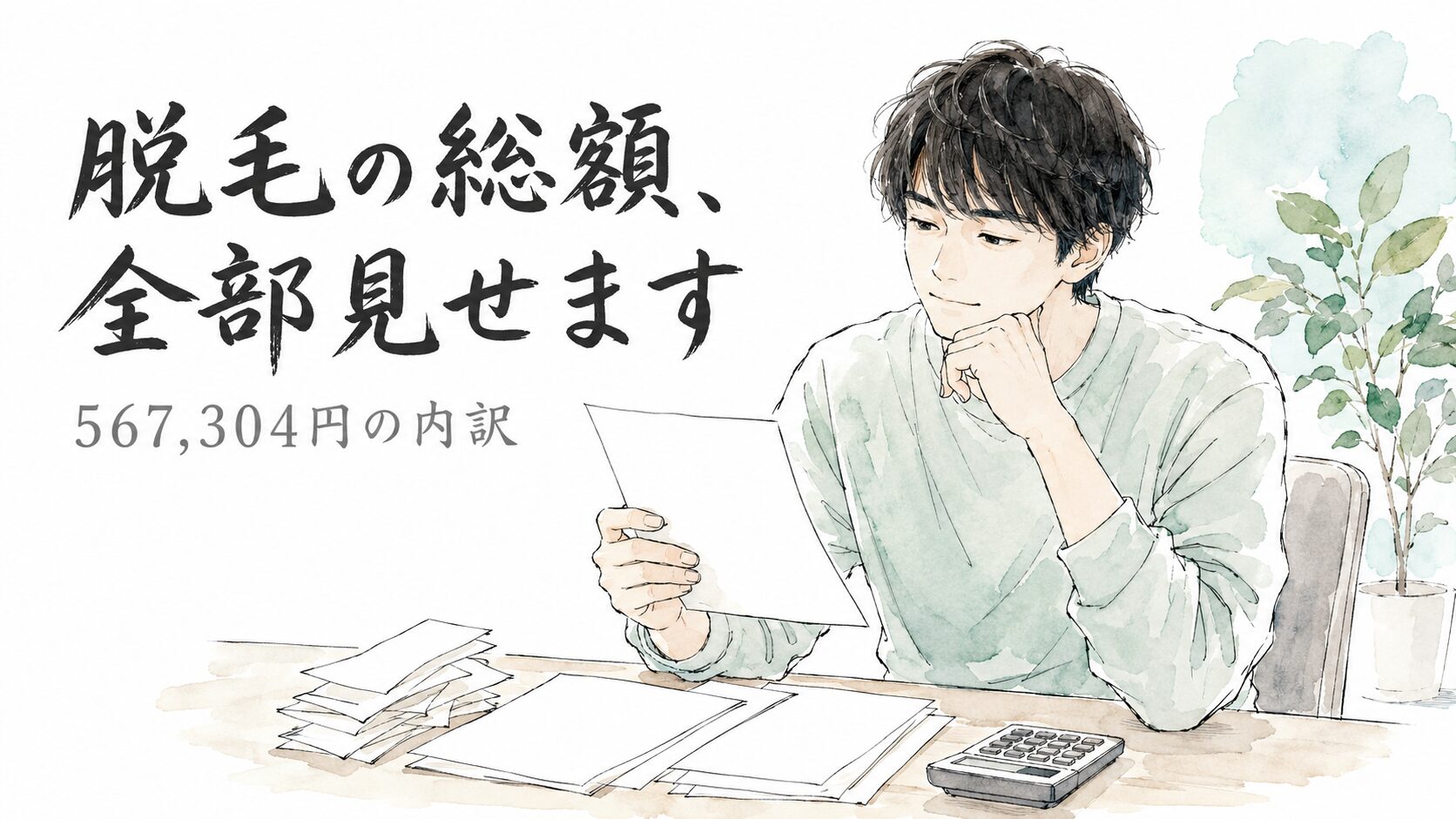 机で契約書と電卓を前に総額を確認する男性の水彩イラスト。脱毛総額567,304円の内訳公開記事のアイキャッチ