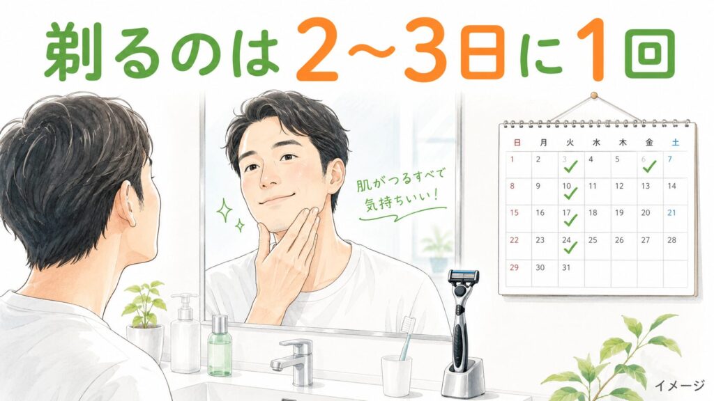ヒゲ脱毛後は剃るのが2〜3日に1回になり、鏡でツルスベ肌を確認する男性のイラスト(イメージ)