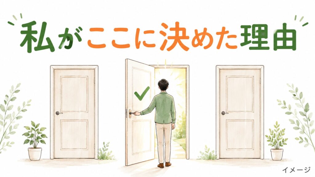 3つのドアから1つを選んで開ける男性のイラスト。私がここに決めた理由(イメージ)