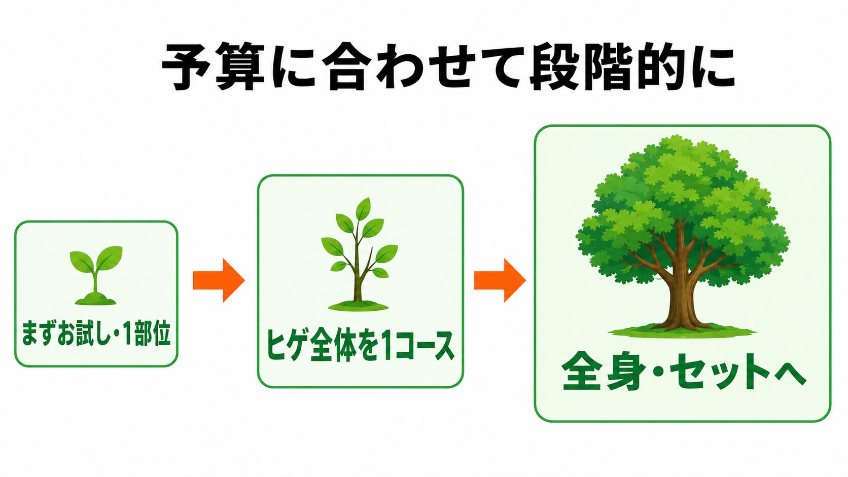 予算に合わせた始め方の3ステップ。お試し1部位から始めて、ヒゲ全体を1コース、全身セットへ段階的に広げる