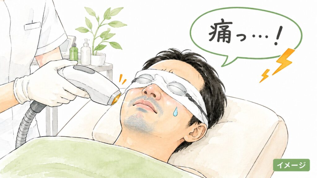 ヒゲ脱毛のレーザー施術中に痛っと感じる男性のイラスト(イメージ)