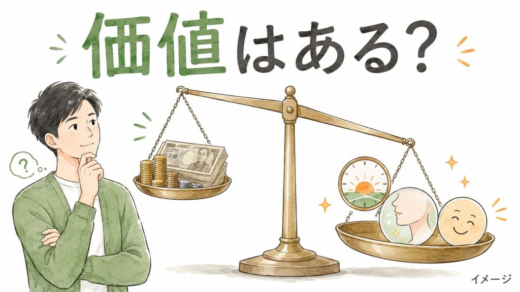 ヒゲ脱毛の費用と得られる価値を天秤にかけるイラスト。価値が勝っている(イメージ)