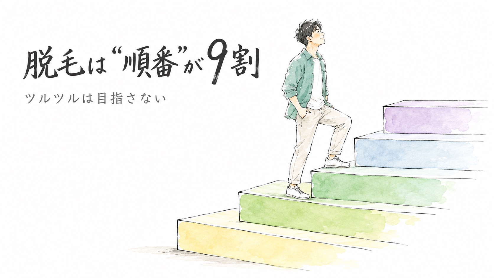 脱毛は順番が9割。4段の階段を登る男性の水彩イラスト（脱毛の正しい順番のアイキャッチ）