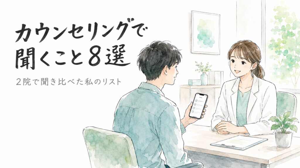 クリニックの相談室でカウンセラーと話しながらスマホのチェックリストを見る男性の水彩イラスト。脱毛カウンセリングで聞くこと8選のアイキャッチ