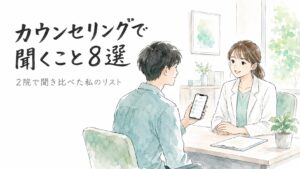 クリニックの相談室でカウンセラーと話しながらスマホのチェックリストを見る男性の水彩イラスト。脱毛カウンセリングで聞くこと8選のアイキャッチ