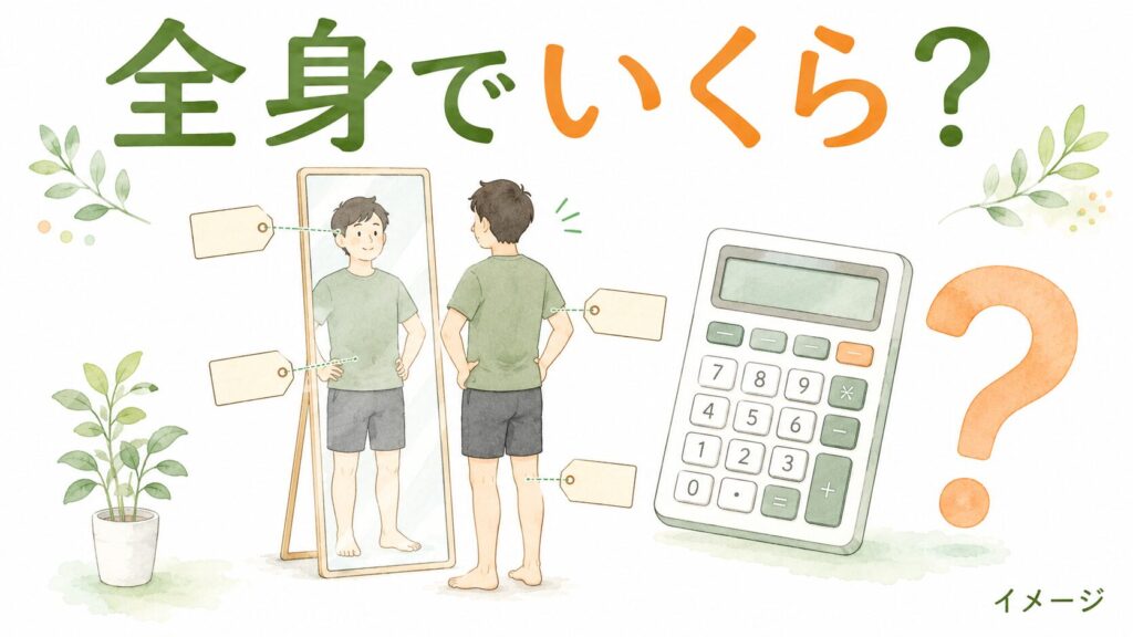 全身脱毛はいくらかかるのか、鏡の前で部位ごとの値札を眺める男性と電卓のイラスト(イメージ)