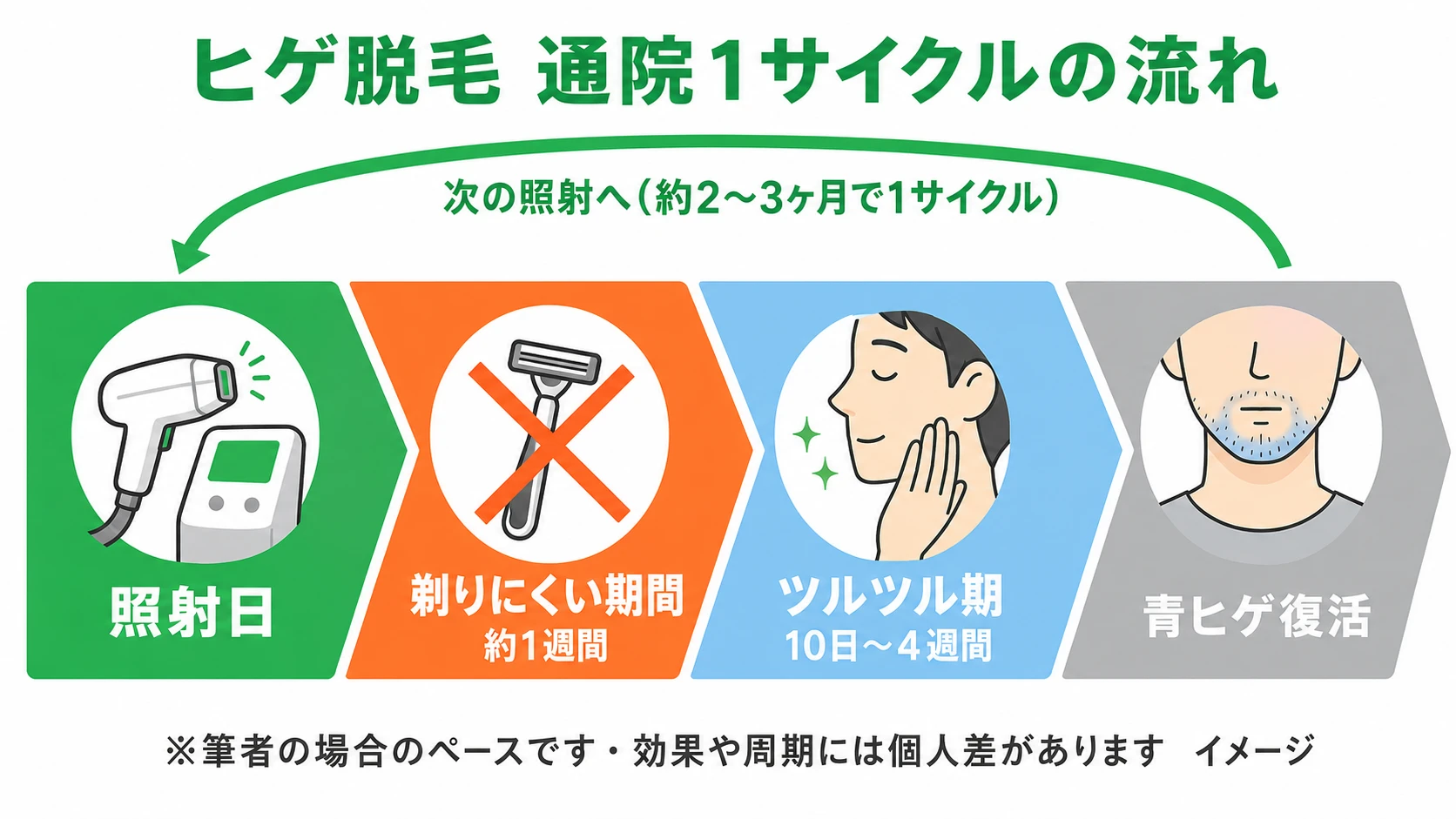 ヒゲ脱毛の通院1サイクルの図解。照射日から約1週間の剃りにくい期間、10日から4週間のツルツル期を経て青ヒゲが復活し、約2〜3ヶ月で次の照射へ
