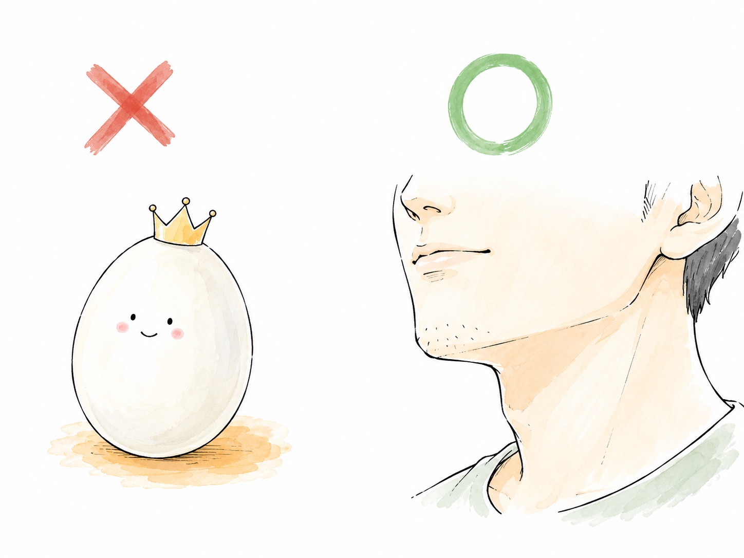 ゆで卵のような完全ツルツルにバツ、数本の毛が残った男性の顎にマルを付けた比較イラスト