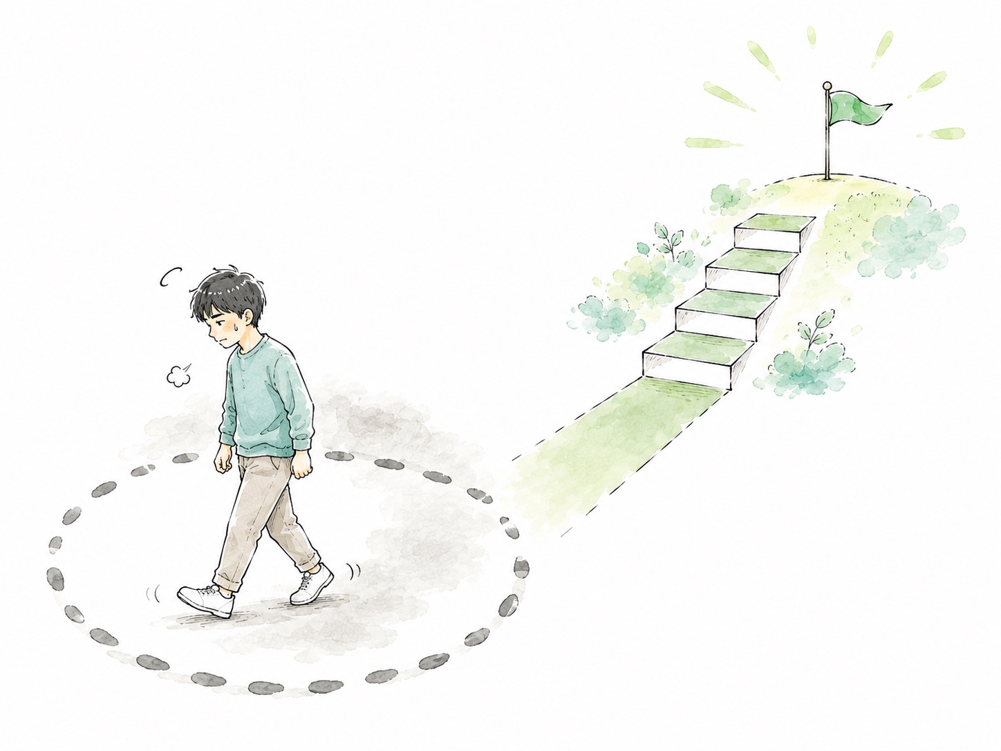 同じ場所をぐるぐる回る男性と、ゴールへまっすぐ続く階段の道を対比した水彩イラスト