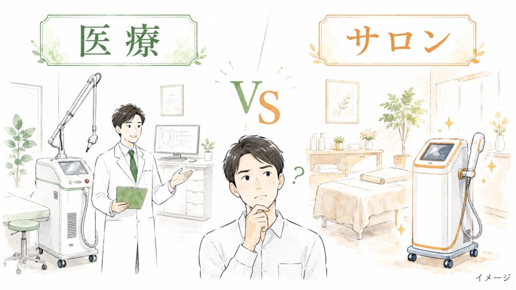 医療脱毛とサロン脱毛の比較。左はクリニックのレーザー機器と医師、右はエステサロンの光脱毛機器、中央で悩む30代男性のイラスト(イメージ)
