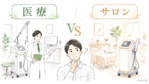 医療脱毛とサロン脱毛の比較。左はクリニックのレーザー機器と医師、右はエステサロンの光脱毛機器、中央で悩む30代男性のイラスト(イメージ)